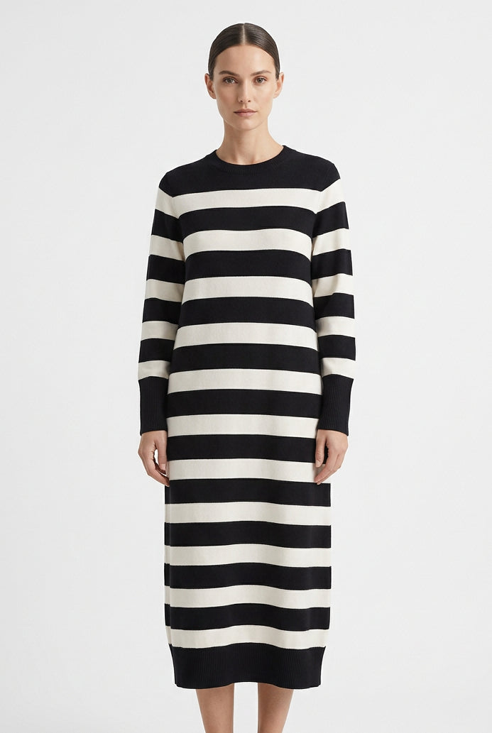 Vestido midi de punto a rayas para mujer, holgado y con cuello redondo, para otoño e invierno
