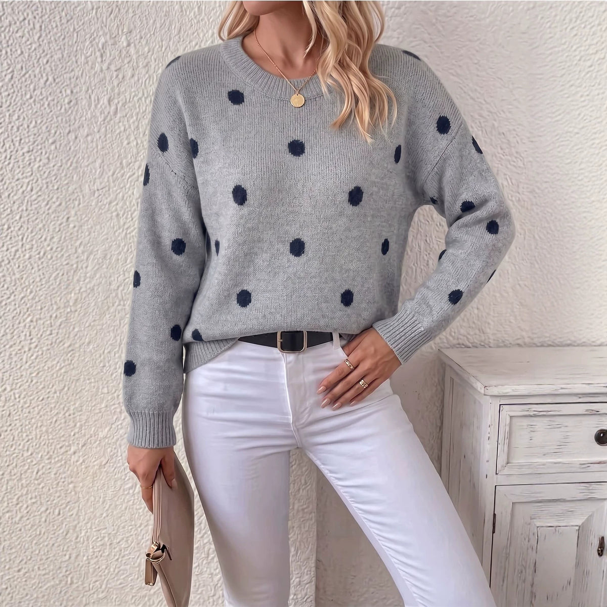 Chic Women's Round Neck Polka Dot Jacquard Knit Sweater, Oversized Drop Shoulder Long Sleeve Loose Fit Autumn Winter Pullover Casual Top