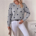 Chic Women's Round Neck Polka Dot Jacquard Knit Sweater, Oversized Drop Shoulder Long Sleeve Loose Fit Autumn Winter Pullover Casual Top