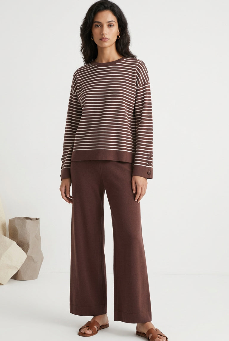 Conjunto de dos piezas para mujer con top de rayas y pantalón de pernera ancha