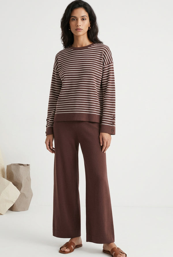 Conjunto de dos piezas para mujer con top de rayas y pantalón de pernera ancha