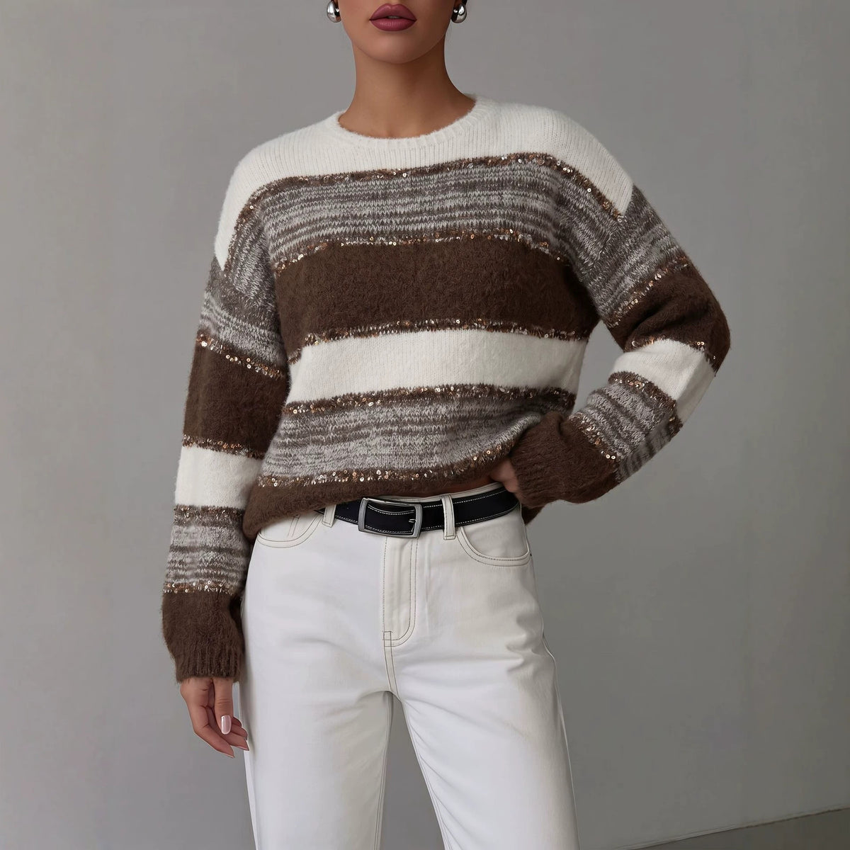 Crewneck Sweater for Women Autumn Winter Color-block Striped Soft Mohair Loose Knit Top