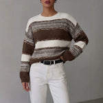 Crewneck Sweater for Women Autumn Winter Color-block Striped Soft Mohair Loose Knit Top