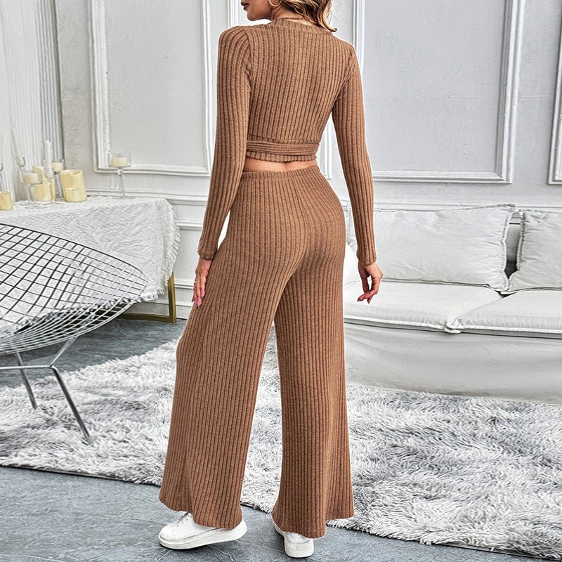 Conjunto de dos piezas para mujer con textura, manga larga y lazada