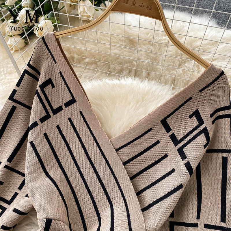 Vestido de punto ajustado YuooMuoo con escote en V y diseño geométrico, para otoño e invierno