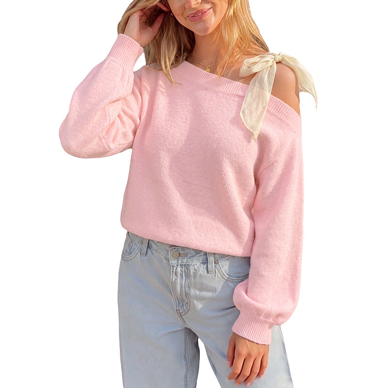 Shoulder tied bow long sleeved women's sweater