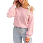 Shoulder tied bow long sleeved women's sweater