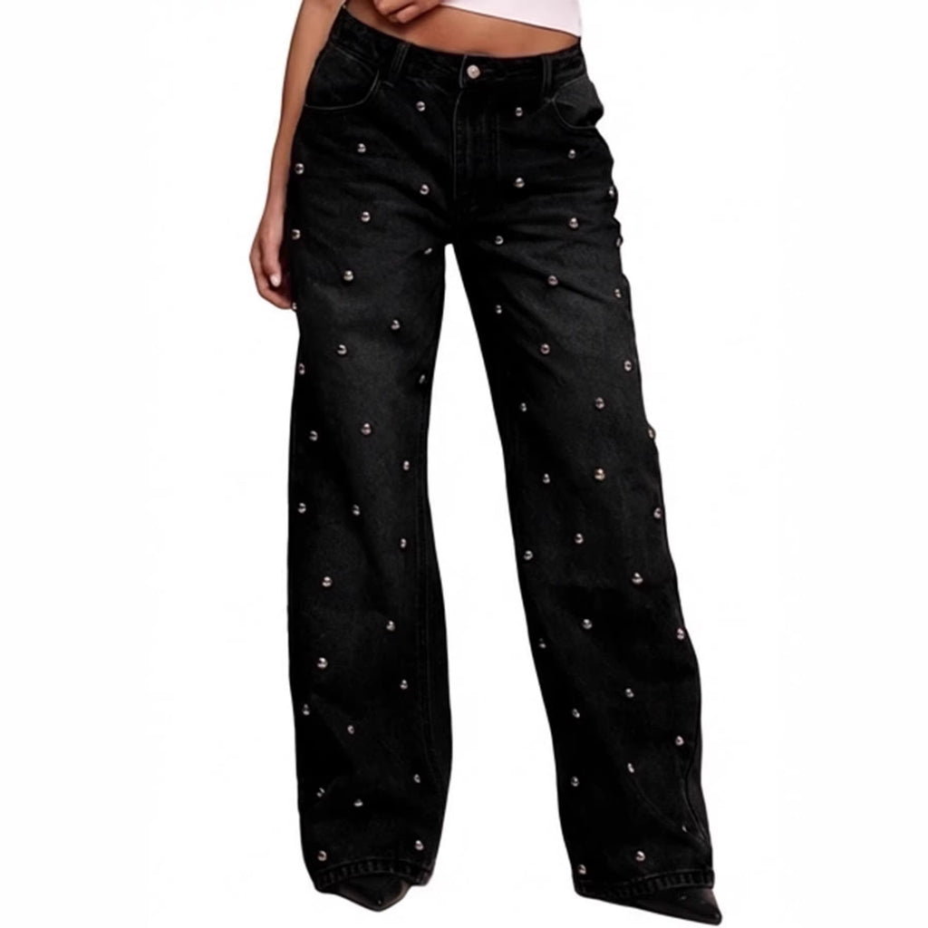 Women's nail bead washed jeans, women's high waisted straight leg pants, spicy girl pants