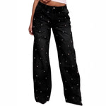 Women's nail bead washed jeans, women's high waisted straight leg pants, spicy girl pants