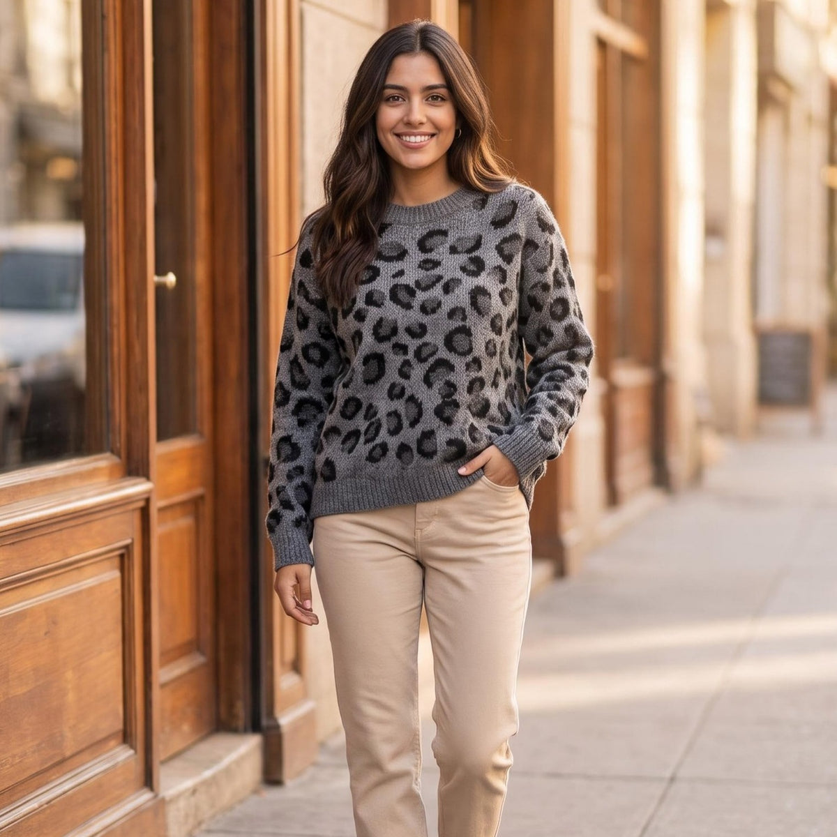Jersey de manga larga con cuello redondo y estampado de leopardo