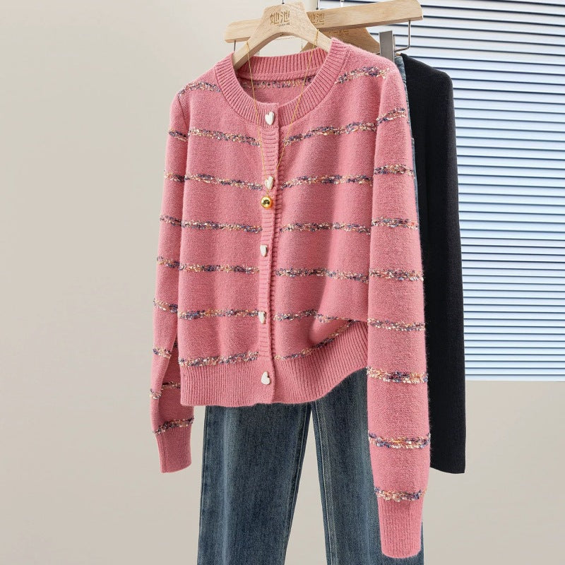 Striped cardigan with heart-shaped button sweater