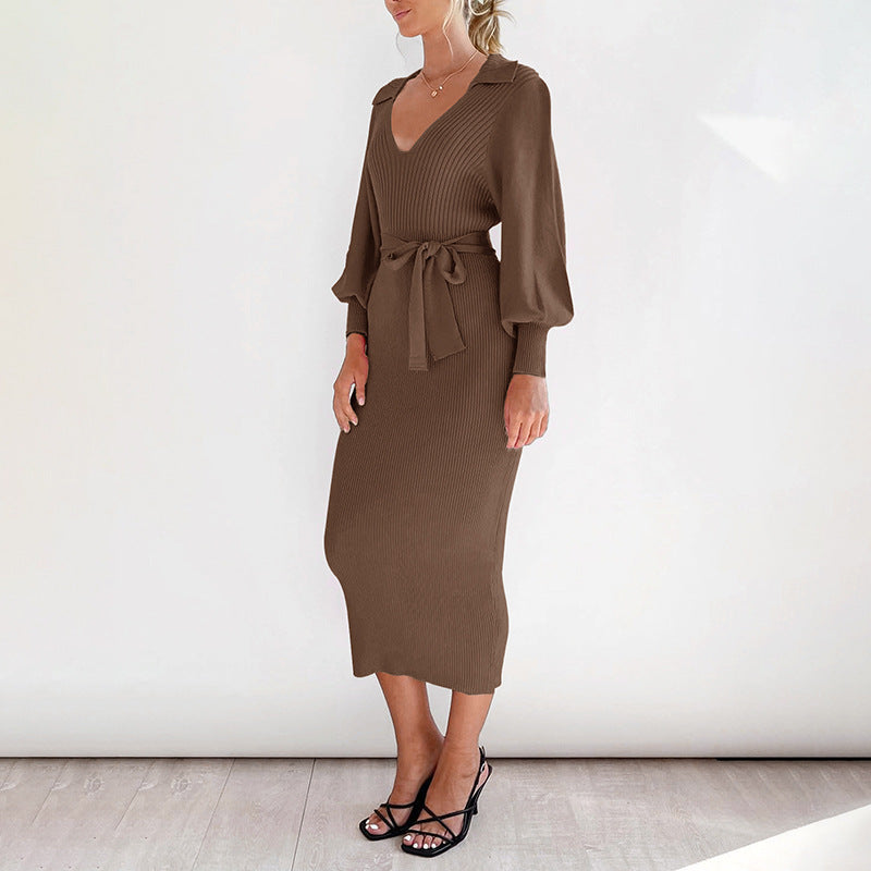 Vestido largo de punto con manga farol y cintura ajustada