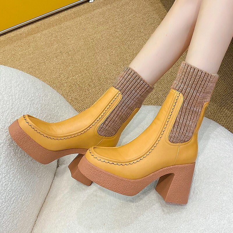 Botines elásticos tipo calcetín para mujer con plataforma y tacón alto, cálidos para otoño e invierno