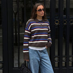 Color blocked striped Polo loose pullover sweater