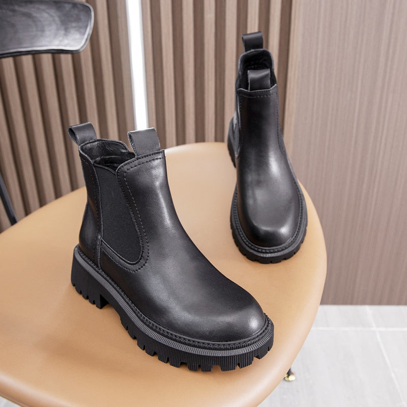 Botines Chelsea AIYUQI de piel auténtica para mujer, estilo retro para otoño e invierno