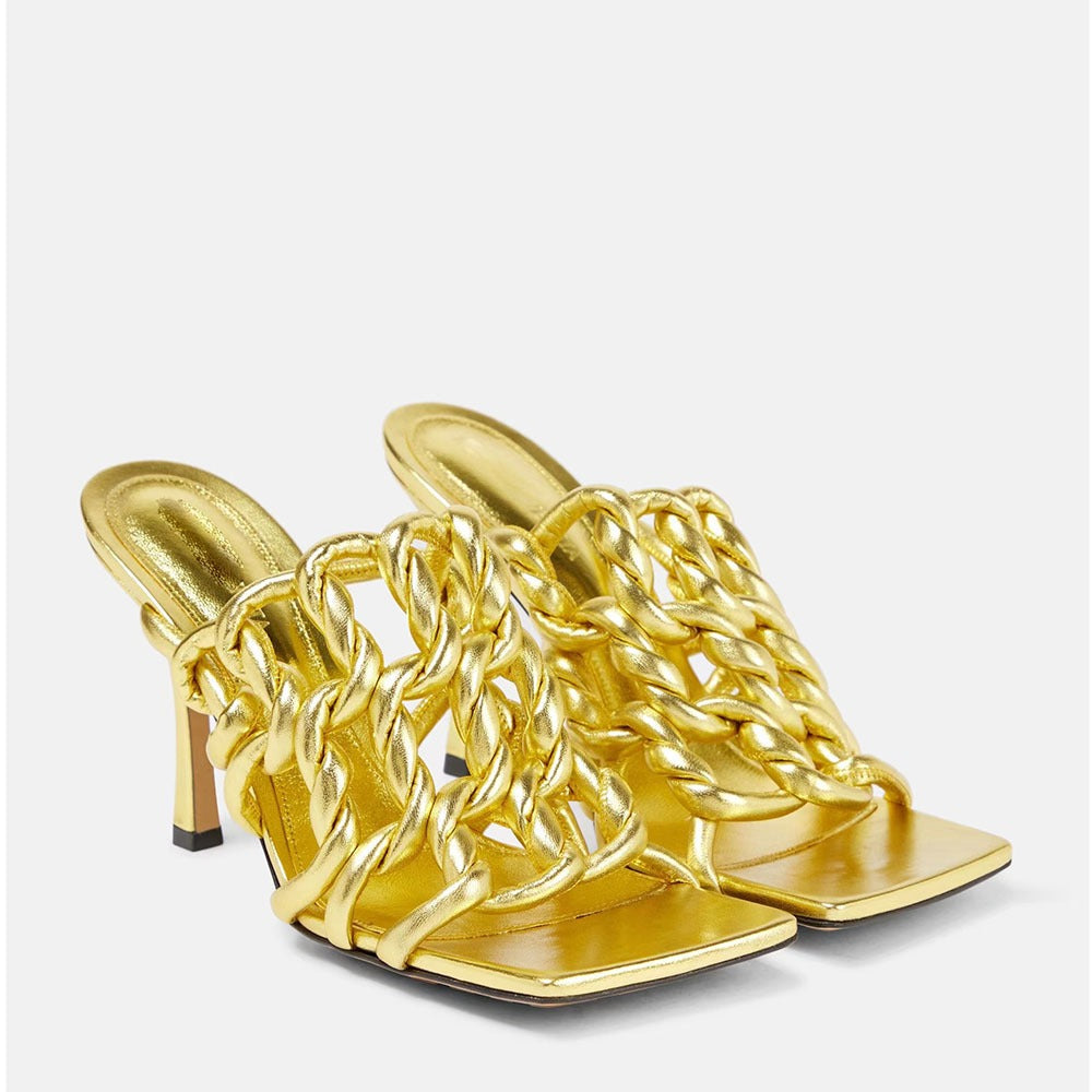 Sandalias trenzadas para mujer con punta cuadrada, tiras cruzadas y tacón alto