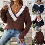 V-neck Loose Knit Sweater for Women, Oversized Pullover Sweater