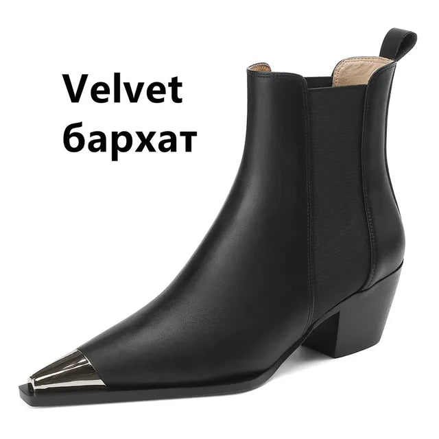 Botines Chelsea de piel auténtica para mujer con tacón ancho y adorno metálico, para otoño e invierno