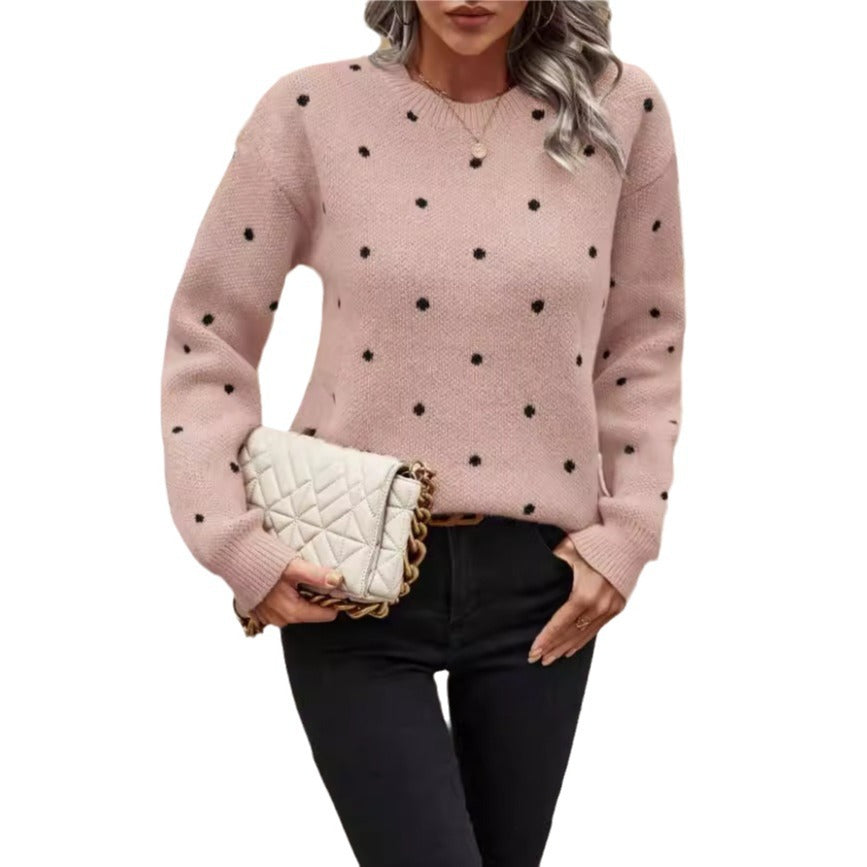 Round neck long sleeved pullover women's polka dot jacquard knitted sweater