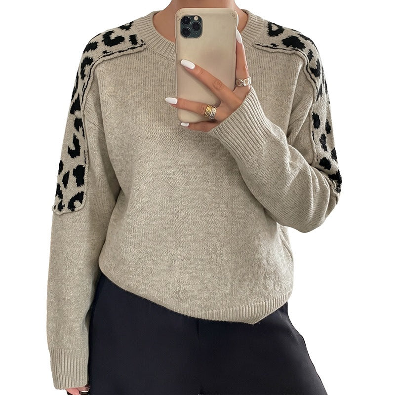 Leopard print spliced pullover sweater