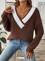 V-neck Loose Knit Sweater for Women, Oversized Pullover Sweater