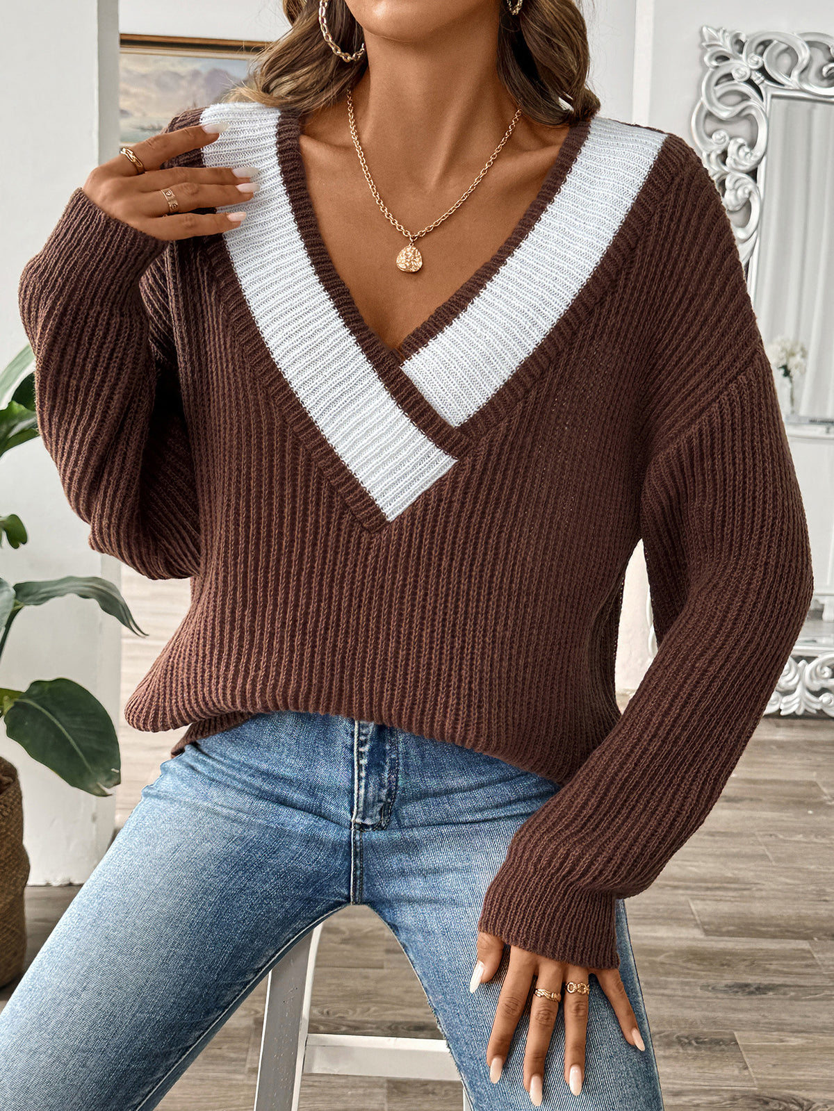 V-neck Loose Knit Sweater for Women, Oversized Pullover Sweater