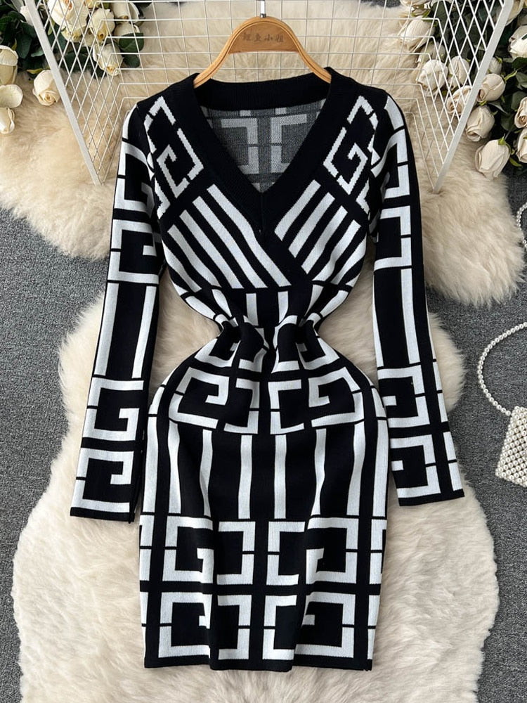 Vestido corto de punto estilo vintage para mujer, ajustado a la cadera y elegante para oficina