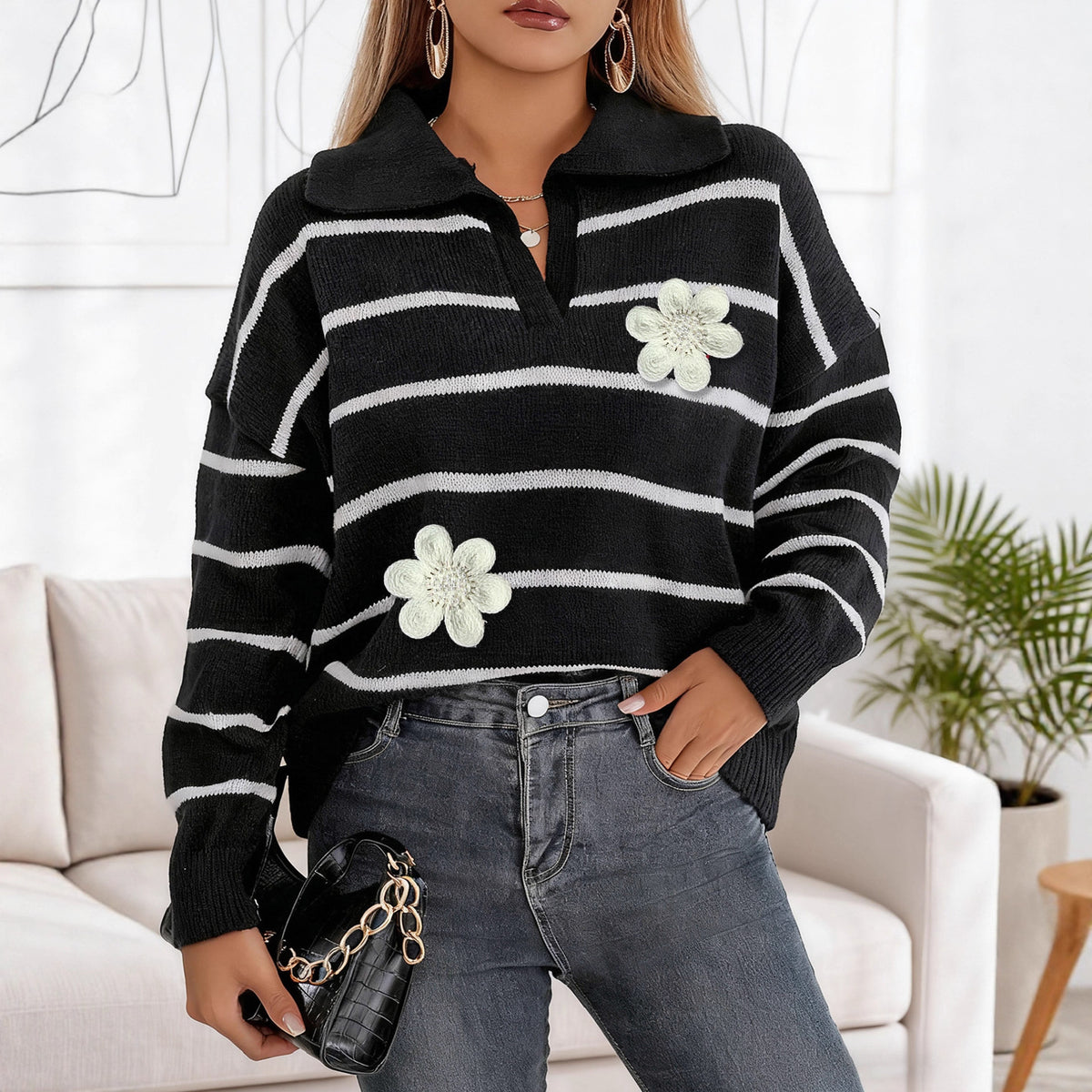 Top Women's Stripe Embroidered Beaded Flower Patchwork Polo Neck Sweater