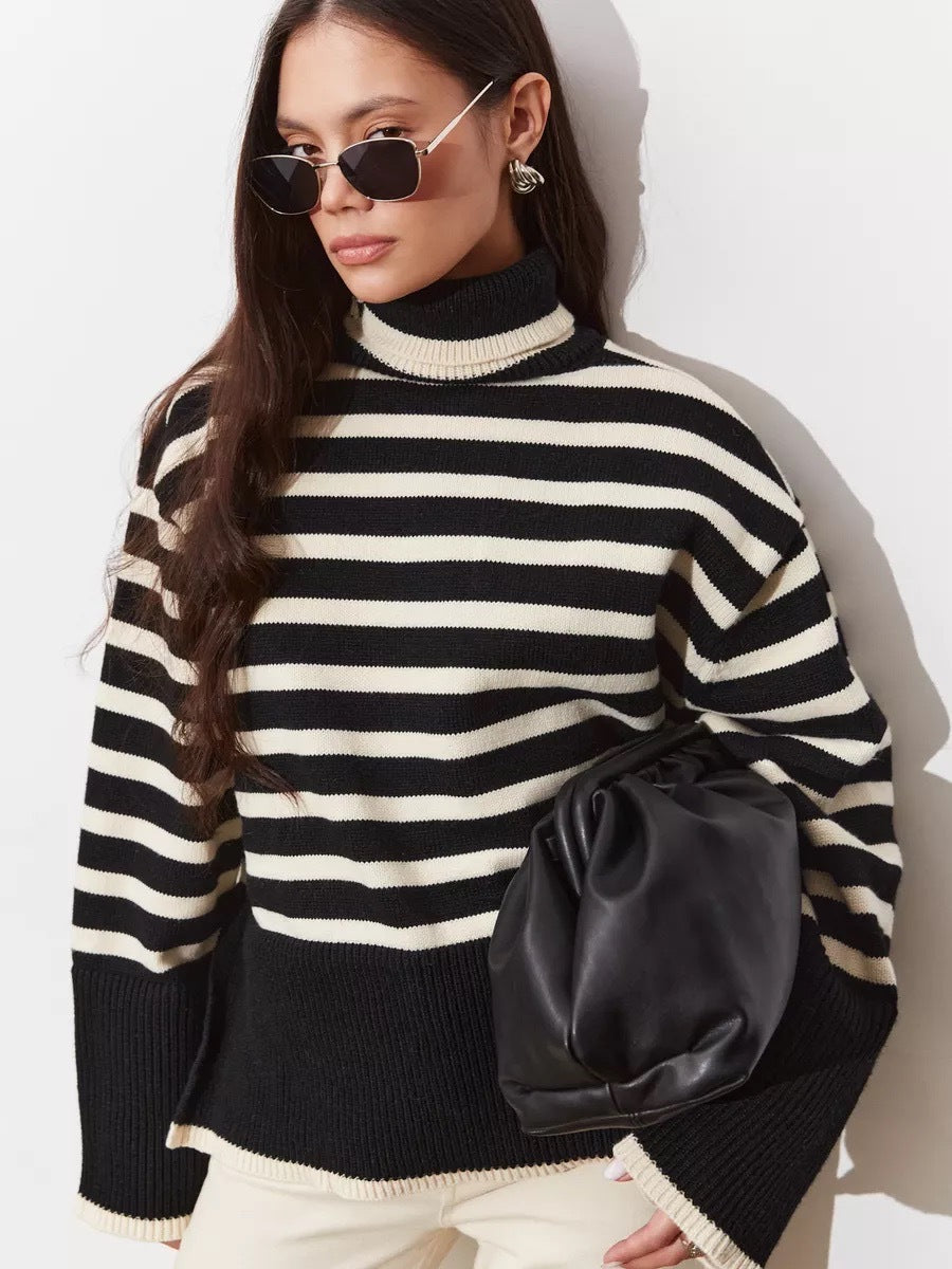 High Neck Stripe Knitwear Women's Top