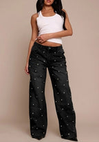 Women's nail bead washed jeans, women's high waisted straight leg pants, spicy girl pants
