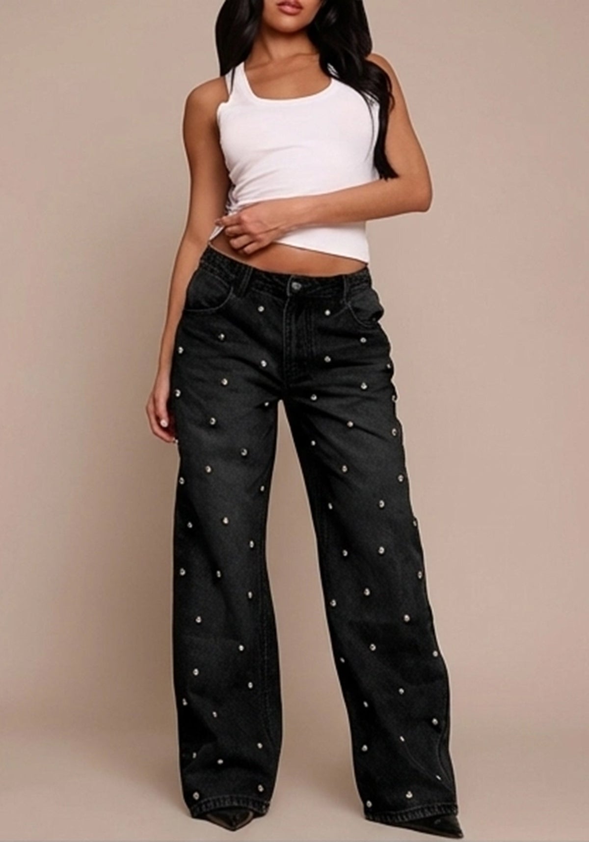 Women's nail bead washed jeans, women's high waisted straight leg pants, spicy girl pants
