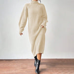 Vestido largo de punto liso para mujer con manga larga y cuello alto