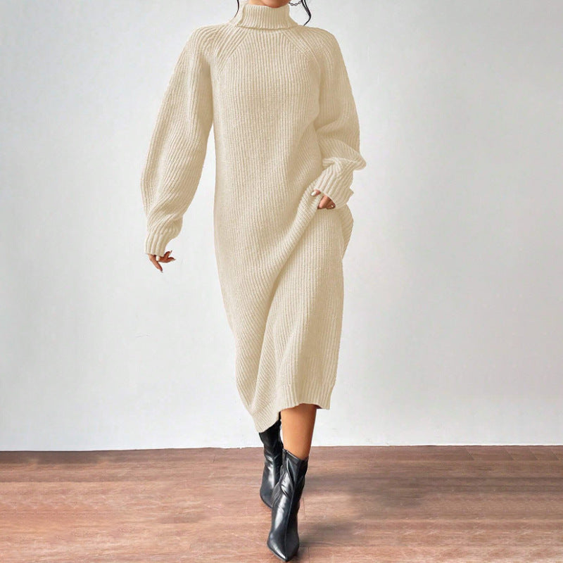 Vestido largo de punto liso para mujer con manga larga y cuello alto