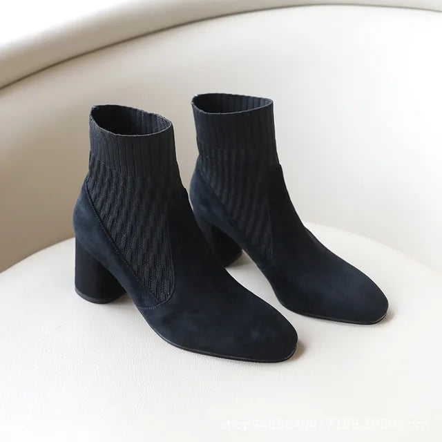 Botines para mujer con plataforma, tacón ancho y punta cuadrada, sin cordones