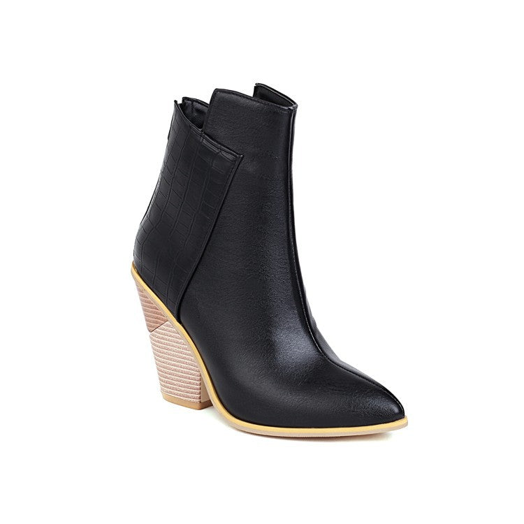 Botines para mujer con punta fina, colores en contraste, tacón alto ancho y cremallera trasera