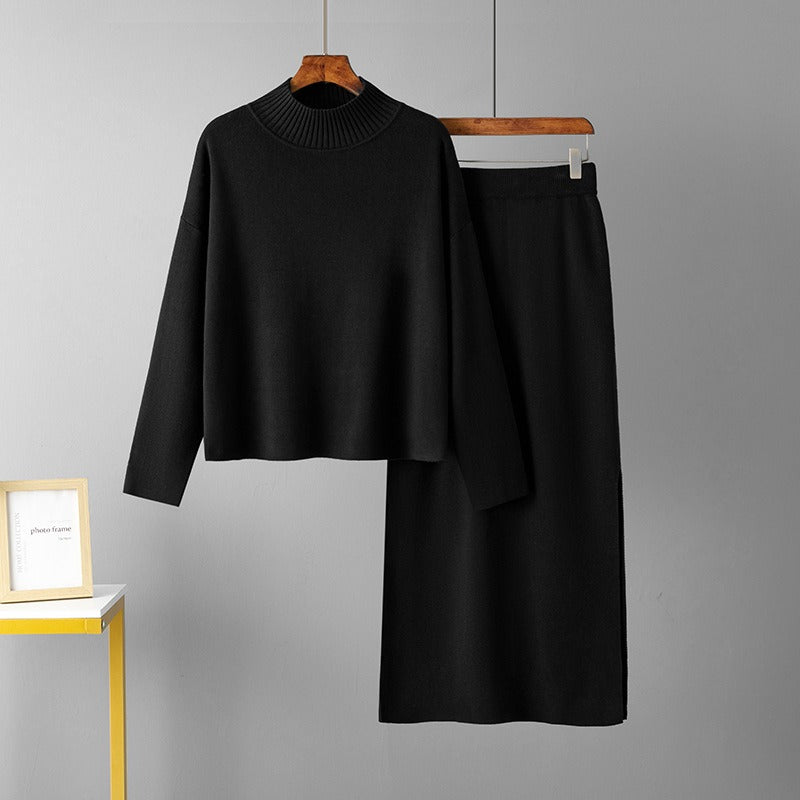 Conjunto de punto de dos piezas para mujer con jersey de cuello alto y falda larga recta, abrigado para invierno.