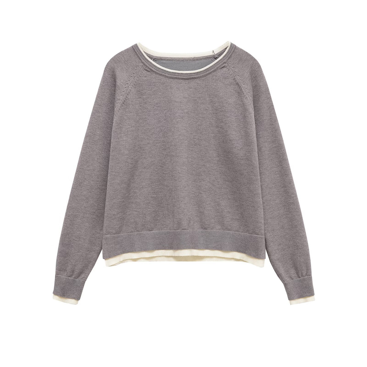 Double layered round neck long sleeved solid color pullover knitted sweater for women