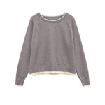 Double layered round neck long sleeved solid color pullover knitted sweater for women
