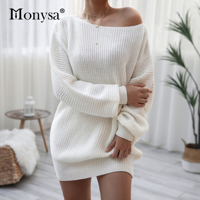 Vestido de punto para mujer con hombros descubiertos y manga larga abullonada, para otoño e invierno