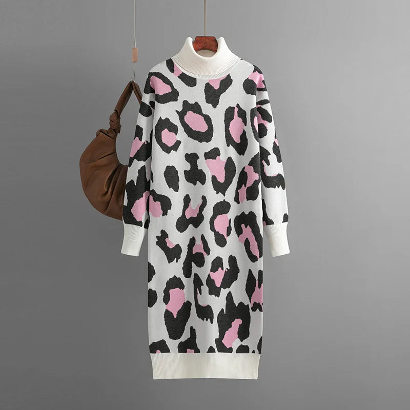 Vestido largo de punto para mujer con cuello vuelto y estampado de leopardo, holgado para otoño e invierno