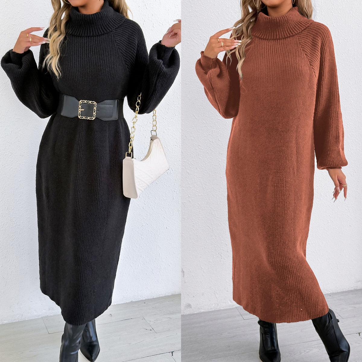 Vestido largo tipo jersey para mujer, holgado y casual, con cuello alto o vuelto, sin cinturón