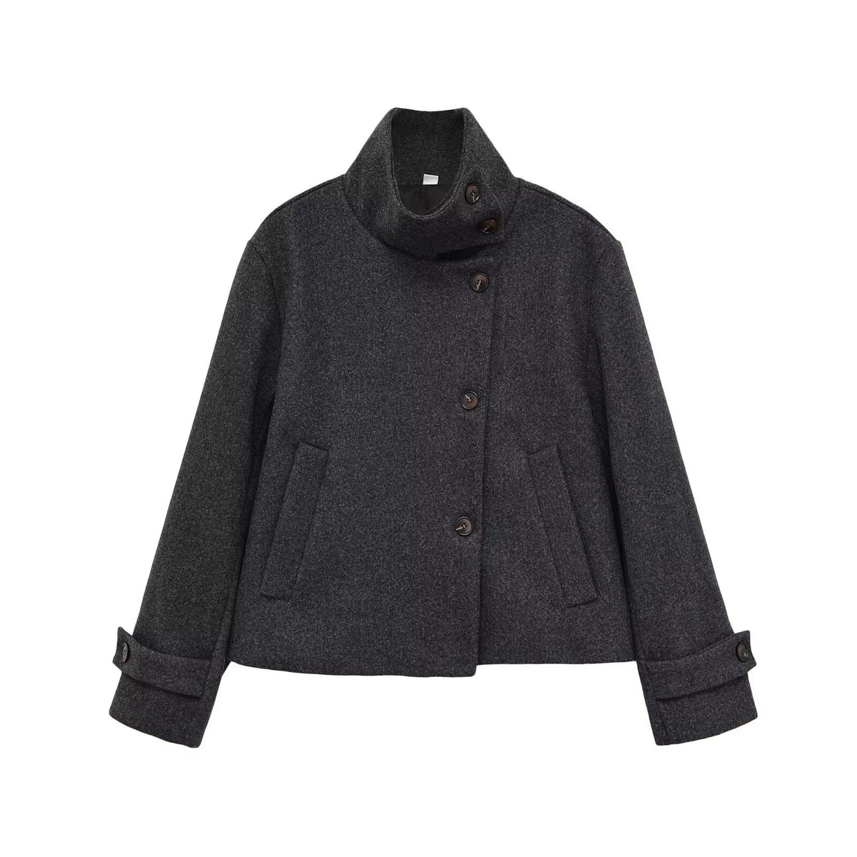 Slant breasted single breasted standing collar woolen coat for women