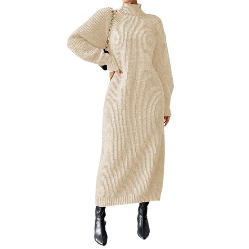 Vestido largo de punto liso para mujer con manga larga y cuello alto