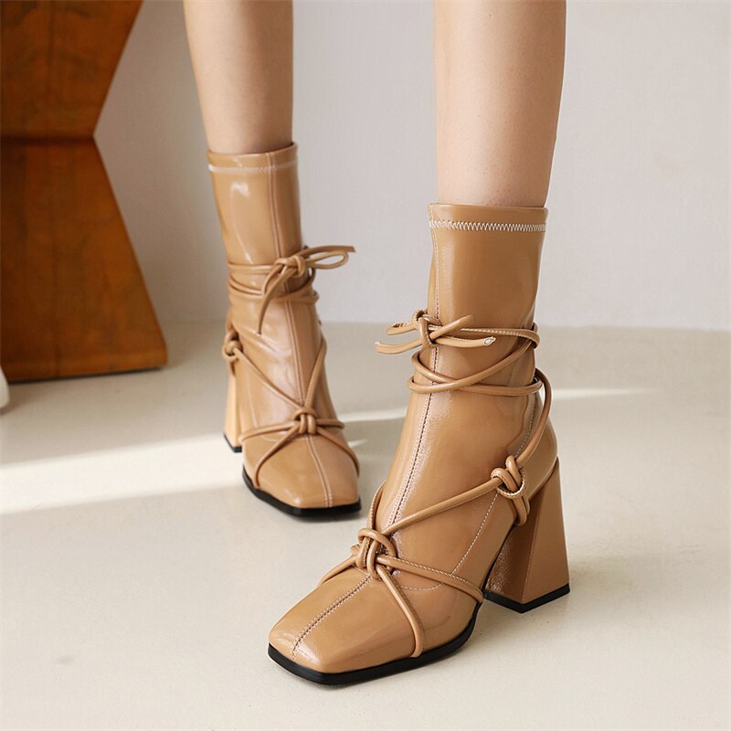Botines negros de tacón alto para mujer, estilo gladiador punk, para otoño e invierno