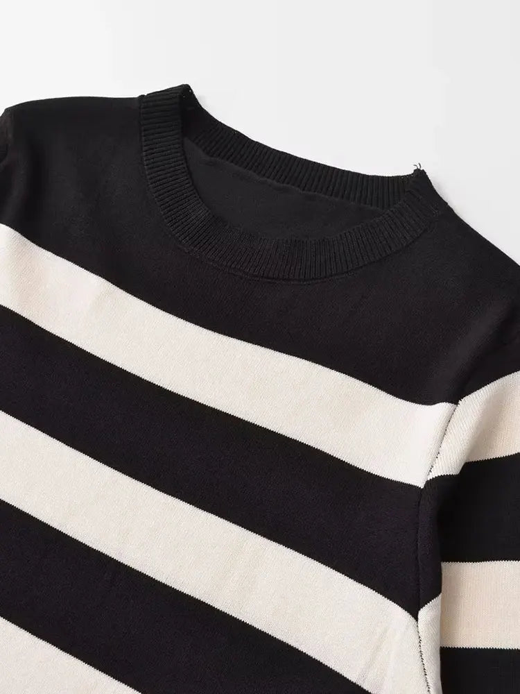 Vestido midi de punto a rayas para mujer, holgado y con cuello redondo, para otoño e invierno