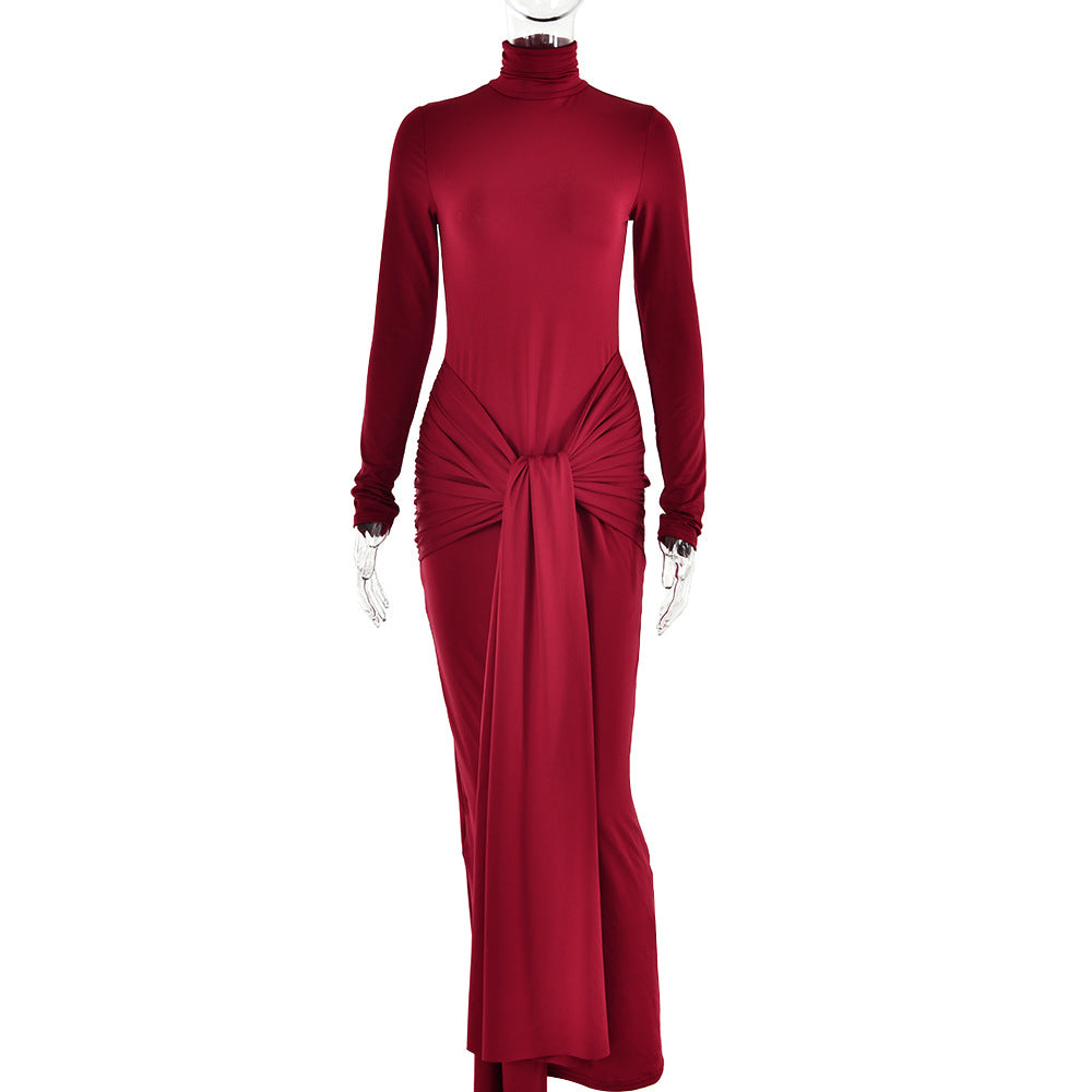 Woman Clothing Turtleneck Low Waist Bandage Bodycon Holiday Dress Streetwear Autumn Winter Solid Slim Party Club Long Dresses