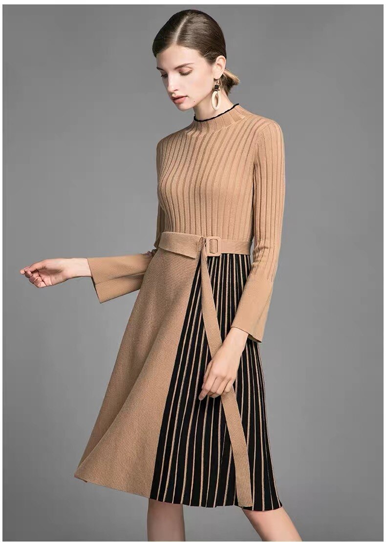 Vestido midi elegante de rayas con diseño combinado y mangas largas acampanadas, para otoño e invierno