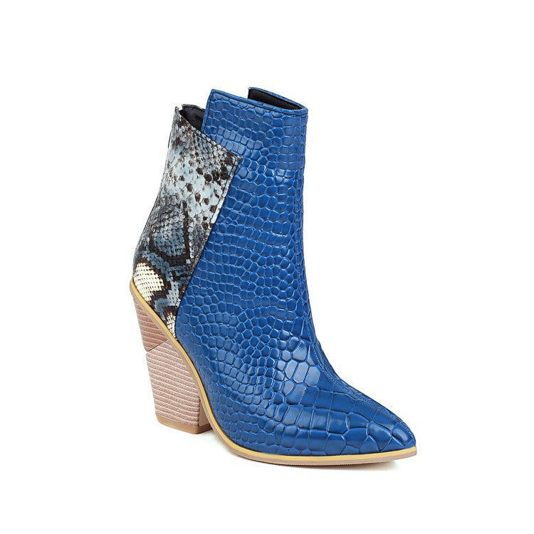 Botines para mujer con punta fina, colores en contraste, tacón alto ancho y cremallera trasera