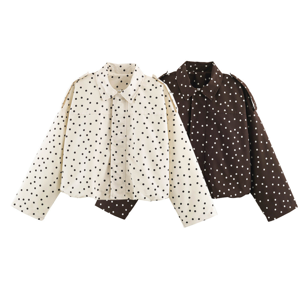Loose shoulder strap zipper stand up collar polka dot long sleeved jacket for women