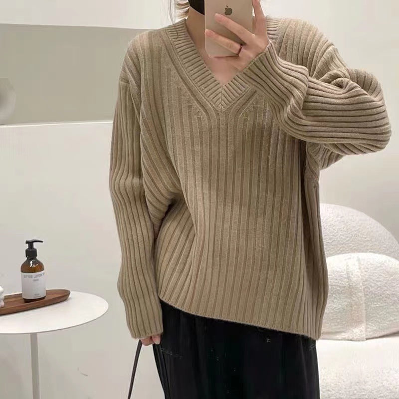 Retro V-Neck Pullover Sweater for Women,New Loose Soft Knitwear Top